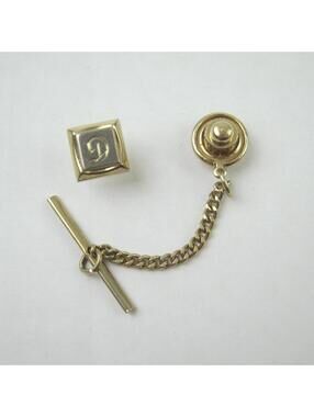 Vintage Monogram Letter D Tie Tack Lapel Pin Gold tone Chain Tie Bar Hickok USA